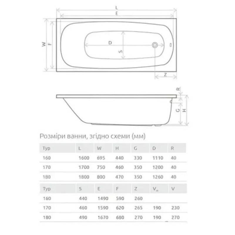Ванна акриловая Radaway Tesalia 180x80 см WA1-06-180x080US
