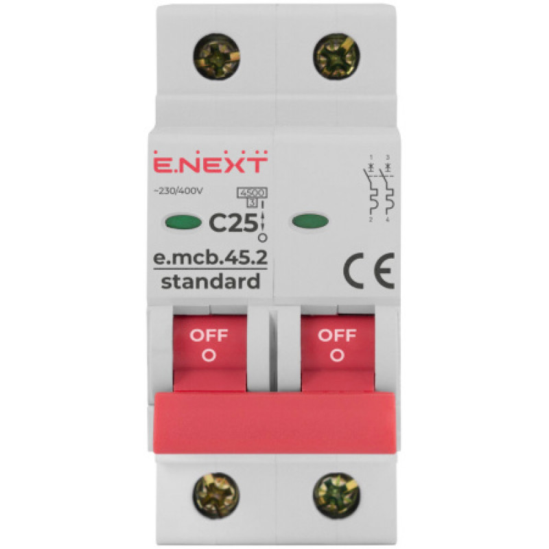 Модульный автоматический выключатель ENEXT emcbstand452C25, 2р, 25А, C, 45кА s002019