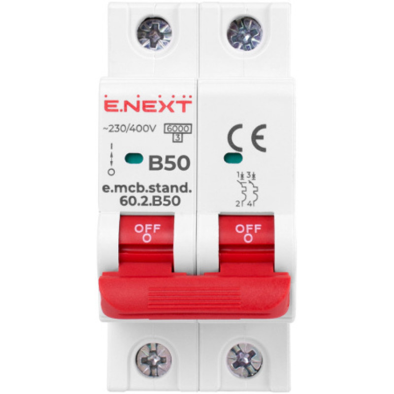 Модульный автоматический выключатель ENEXT emcbstand602B50, 2р, 50А, B, 6кА s001122