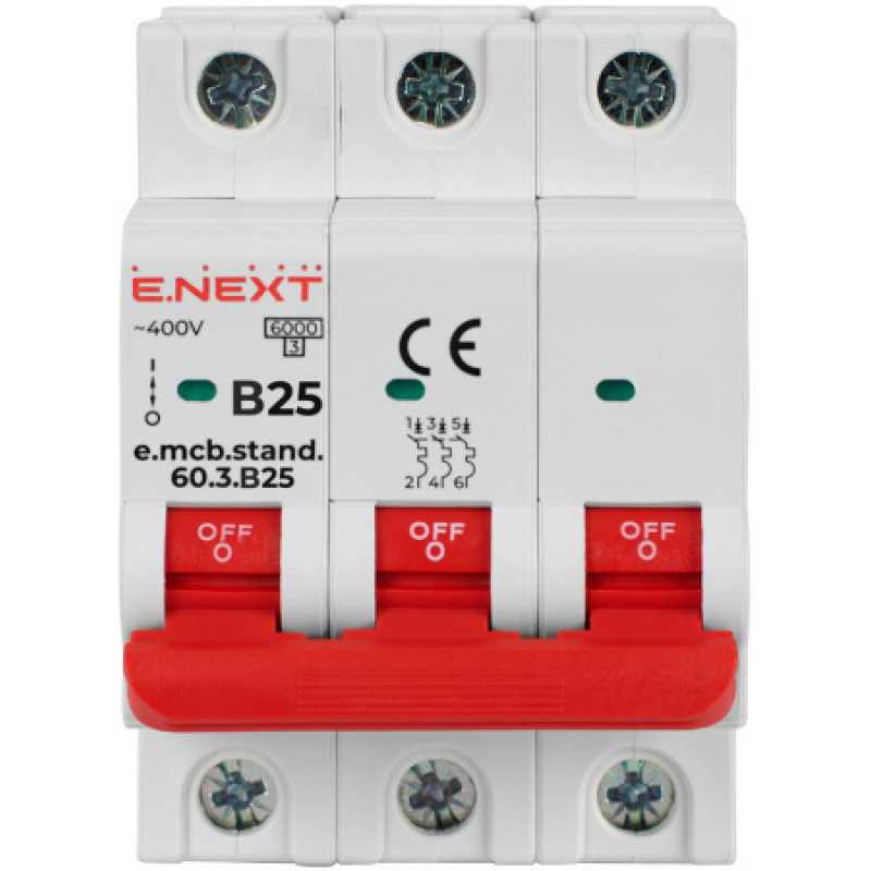 Модульный автоматический выключатель ENEXT emcbstand603B25, 3р, 25А, B, 6кА s001128
