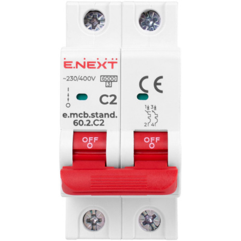 Модульный автоматический выключатель ENEXT emcbstand602C2, 2р, 2А, C, 6кА s002141