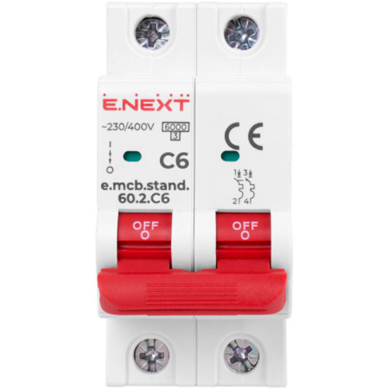 Модульный автоматический выключатель ENEXT emcbstand602C6, 2р, 6А, C, 6кА s002115