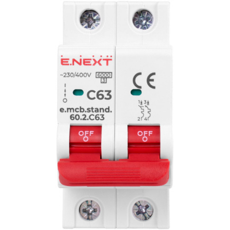 Модульный автоматический выключатель ENEXT emcbstand602C63, 2р, 63А, C, 6кА s002123