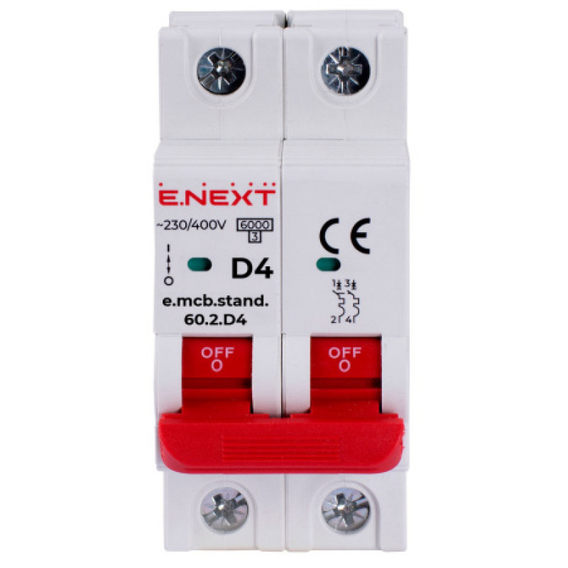 Модульный автоматический выключатель ENEXT emcbstand602D4, 2р, 4А, D, 6кА s026120