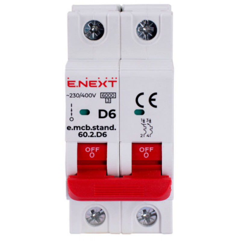 Модульный автоматический выключатель ENEXT emcbstand602D6, 2р, 6А, D, 6кА s026122