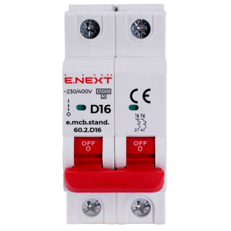 Модульный автоматический выключатель ENEXT emcbstand602D16, 2р, 16А, D, 6 кА s026126