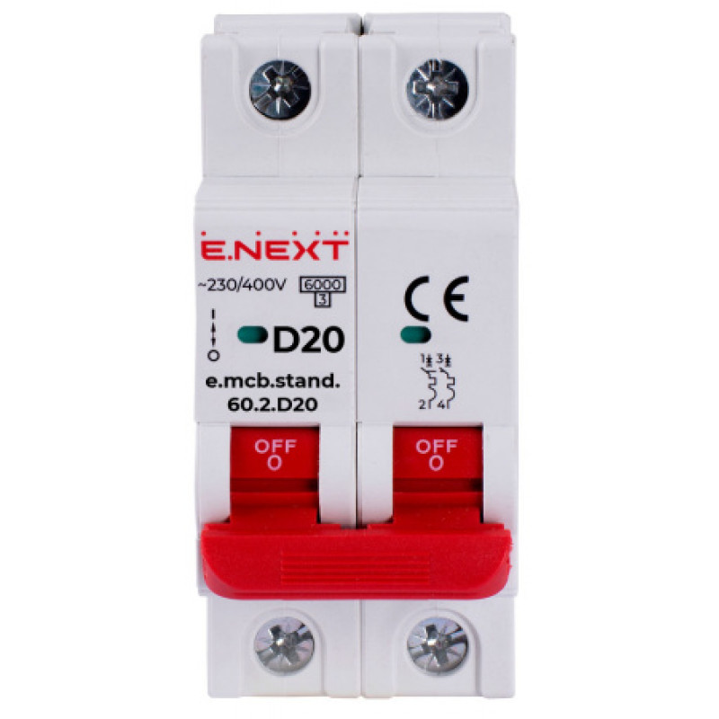 Модульный автоматический выключатель ENEXT emcbstand602D20, 2р, 20А, D, 6кА s026127