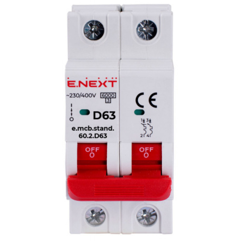 Модульный автоматический выключатель ENEXT emcbstand602D63, 2р, 63А, D, 6кА s026132