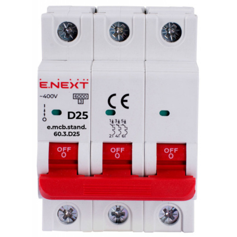 Модульный автоматический выключатель ENEXT emcbstand603D25, 3р, 25А, D, 6 кА s026144