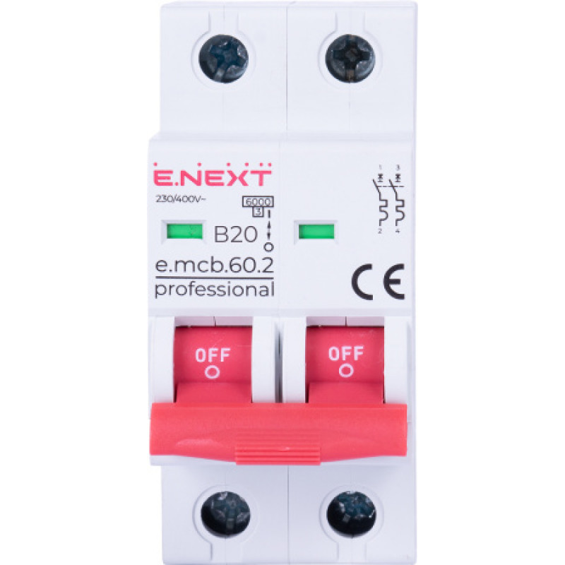 Модульный автоматический выключатель ENEXT emcbpro602B 20 new, 2р, 20А, В, 6кА, new p041018