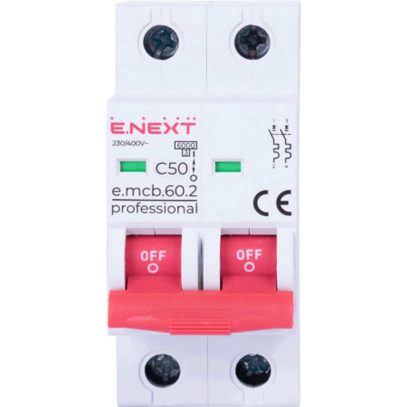 Модульный автоматический выключатель ENEXT emcbpro602C 50 new, 2р, 50А, C, 6кА new p042022