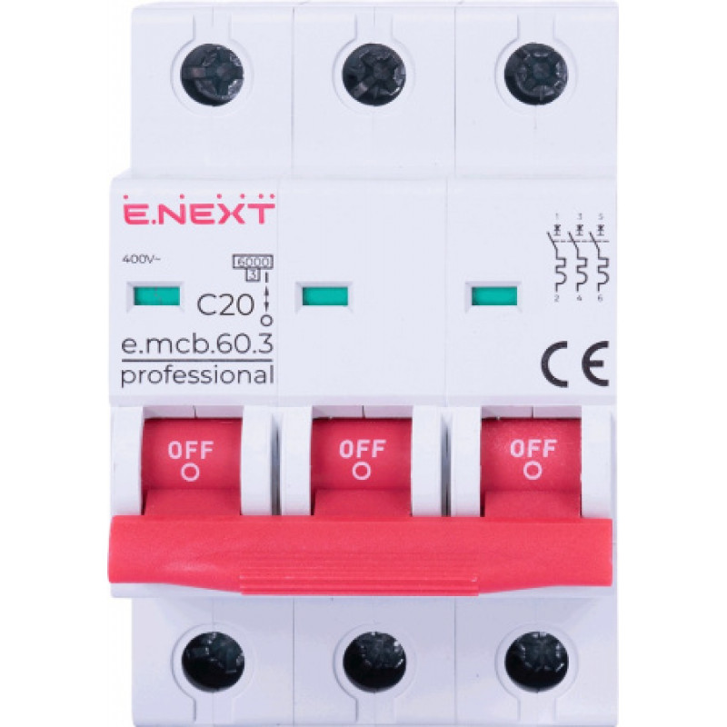 Модульный автоматический выключатель ENEXT emcbpro603C 20 new, 3р, 20А, C, 6кА new p042032