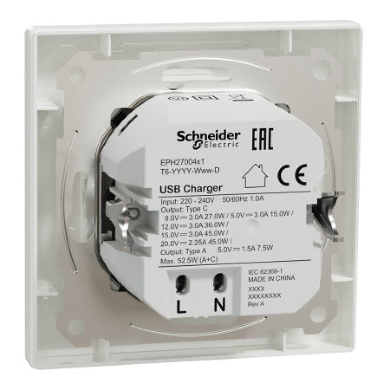 Usb розетка Schneider Asfora тип а+с 3А 45Вт полный комплект белый EPH2700421