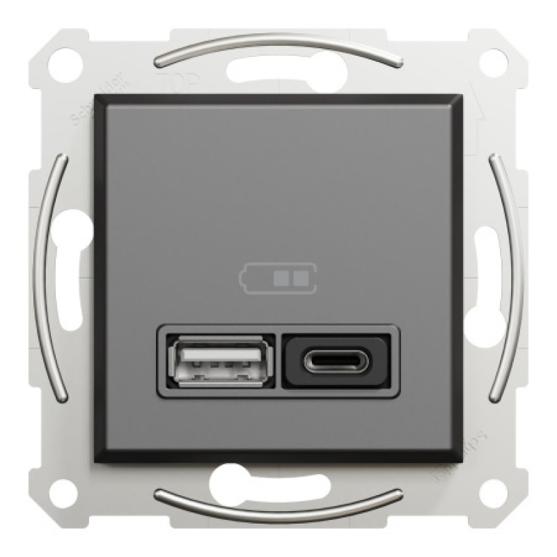 Usb розетка Schneider Asfora тип а+с 3А 45Вт полный комплект антрацит EPH2700471