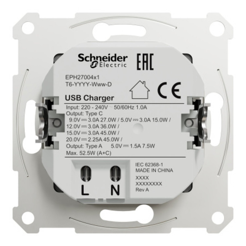 Usb розетка Schneider Asfora тип а+с 3А 45Вт полный комплект антрацит EPH2700471