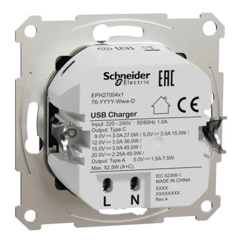 Usb розетка Schneider Asfora тип а+с 3А 45Вт полный комплект антрацит EPH2700471