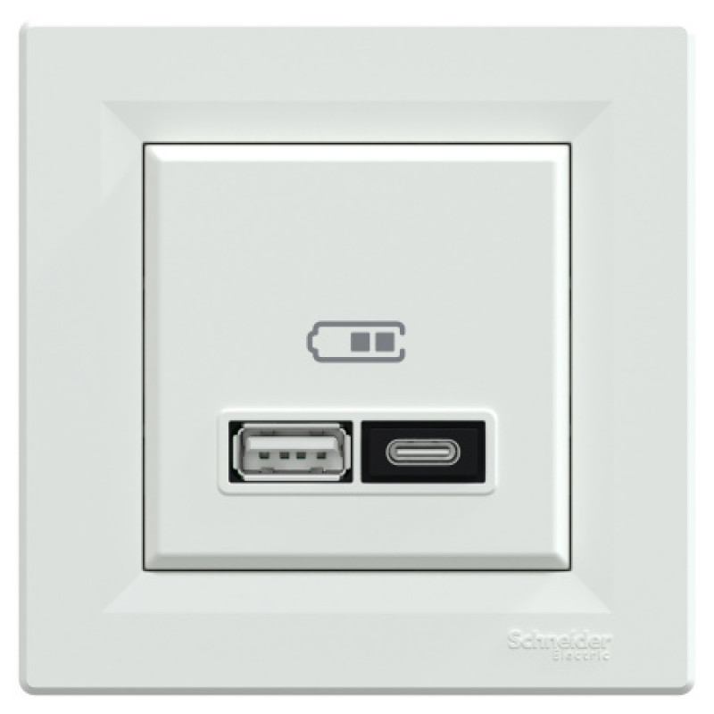 Usb розетка Schneider Asfora тип a+c 21Вт механизм с суппортом белый EPH2700521