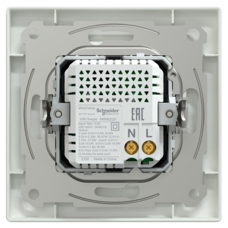 Usb розетка Schneider Asfora тип a+c 21Вт механизм с суппортом белый EPH2700521