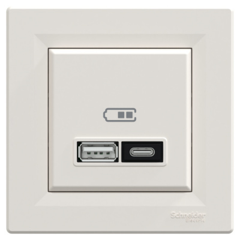 Usb розетка Schneider Asfora тип a+c 21Вт механизм с суппортом кремовый EPH2700523