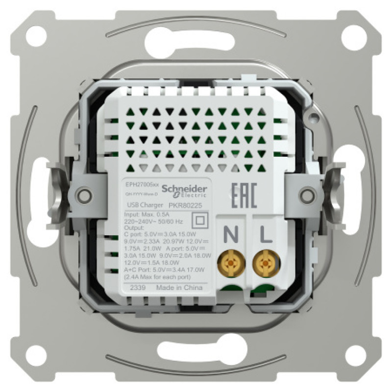 Usb розетка Schneider Asfora тип a+c 21Вт механизм с суппортом алюминий EPH2700561