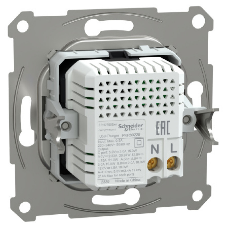 Usb розетка Schneider Asfora тип a+c 21Вт механизм с суппортом алюминий EPH2700561