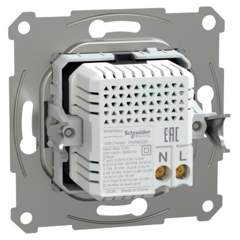 Usb розетка Schneider Asfora тип a+c 21Вт механизм с суппортом сталь EPH2700562
