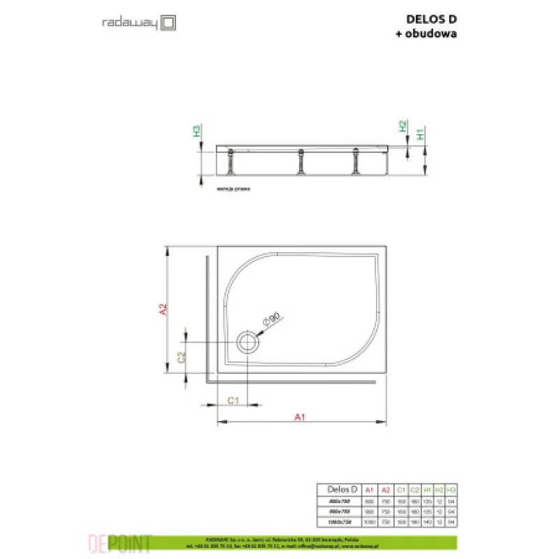 Душовий піддон + фронтальна панель RADAWAY Delos D 1000х750х155 4D17515-03R